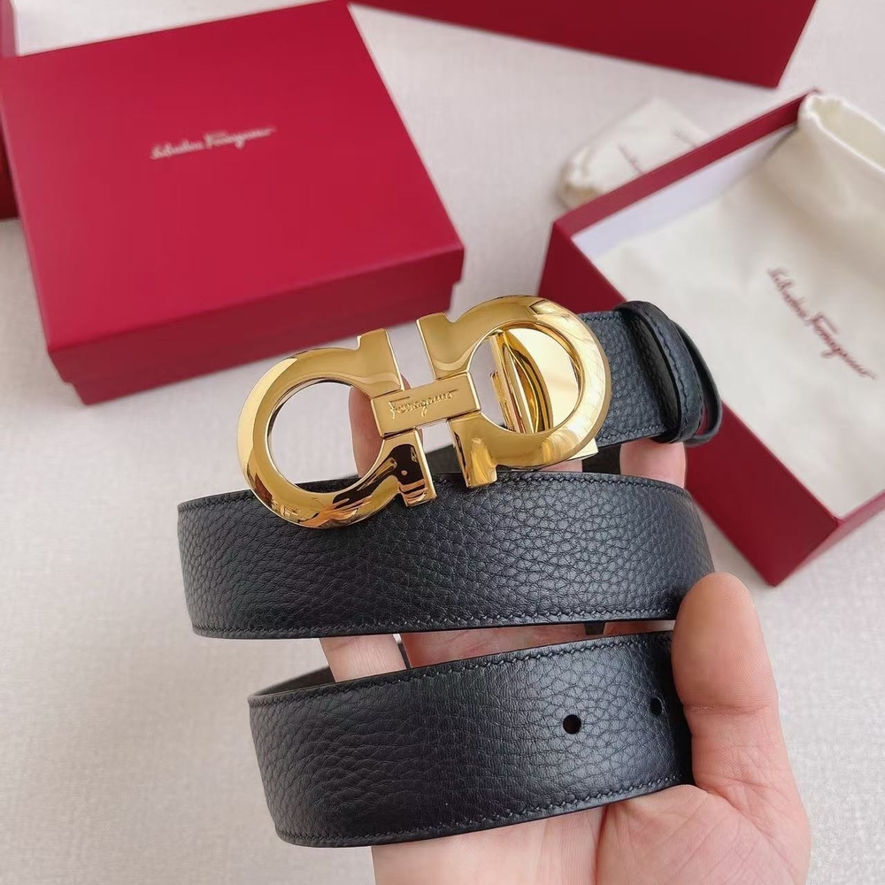 Salvatore Ferragamo Black Pebbled Leather Belt with Gold Double Gancini Buckle